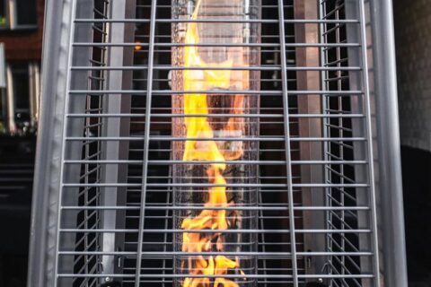 Close-up of a metal outdoor heater